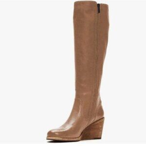 FSJ Women Comfortable Side Zipper Wedge High Heel Point Toe Boot Brown